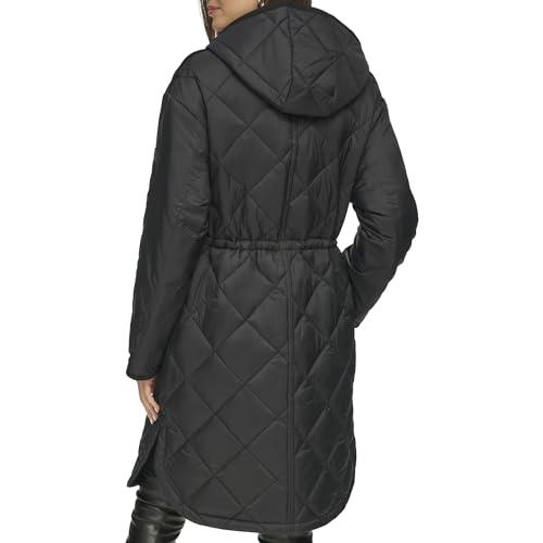 DKNY Button Down Long Quilted Coat Colcha, Black, XS De Las Mujeres