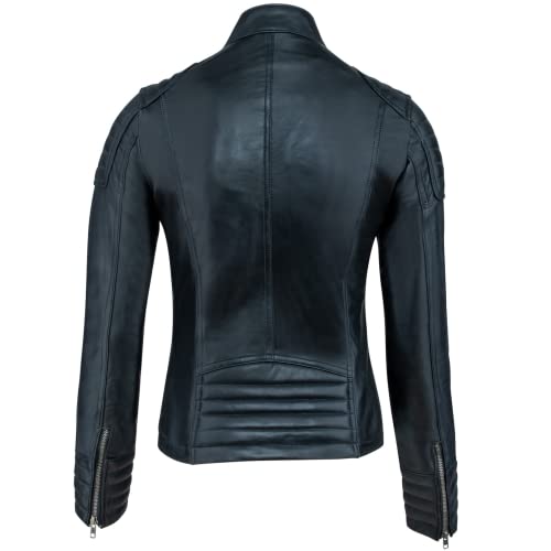 URBAN 5884 Chaqueta de Cuero para Mujer, Chaqueta de Auténtica Piel de Cordero, Corta y Ajustada, Cuero Liso y Suave, Negro, L
