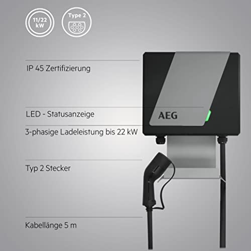 AEG Wallbox WB 22 FI - Estación de Carga para Coche eléctrico o híbrido, 22 kW, 400 V, con Interruptor FI Tipo B, 3 Fases, Cable de Carga de 5 m, Tipo 2 enchufes, IP 45, indicador LED de Estado