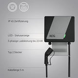 AEG Wallbox WB 22 FI - Estación de Carga para Coche eléctrico o híbrido, 22 kW, 400 V, con Interruptor FI Tipo B, 3 Fases, Cable de Carga de 5 m, Tipo 2 enchufes, IP 45, indicador LED de Estado