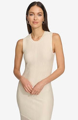 DKNY Vestido Maxi de Punto Acanalado sin Mangas Informal Nocturno, Eggnog, M para Mujer