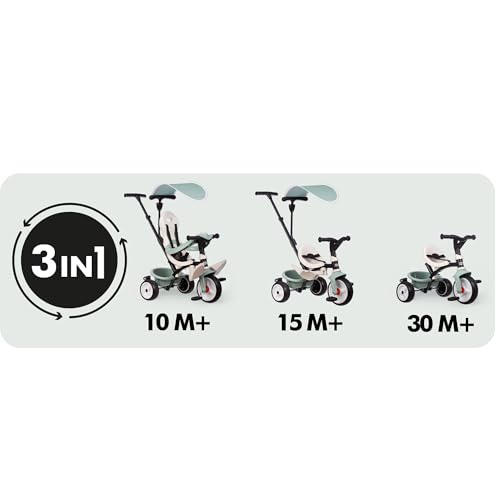 Smoby Life - Triciclo Baby Balade Progresivo 3 en 1, Sostenible, con Materiales Reciclados, Homologado, Freno de Estacionamiento, Barra Parental Ajustable, de 10 Meses a 3 Años (7600741405)