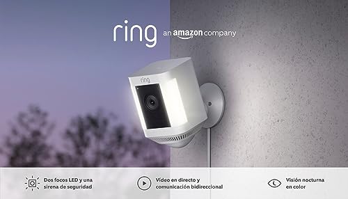 Ring Cámara Plus con luces y enchufe (Spotlight Cam Plus) | Cámara de vigilancia exterior wifi con vídeo HD 1080p, comunicación bidireccional, visión nocturna y focos LED | 30 días gratis de Ring Home