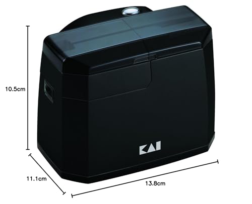 KAI Afilador de cuchillos eléctrico 15° ángulo AP-118S con unidad de afilado de cerámica, pies antideslizantes, dimensiones 13,8 x 11,1 x 10,5 cm Incluye unidad de pulido