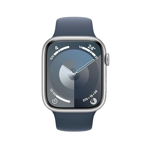 Apple Watch Series 9 [GPS + Cellular] Smartwatch con Caja de Aluminio en Plata de 45 mm y Correa Deportiva Azul tempestad - Talla M/L. Monitor de entreno, App Oxígeno en Sangre, Resistencia al Agua