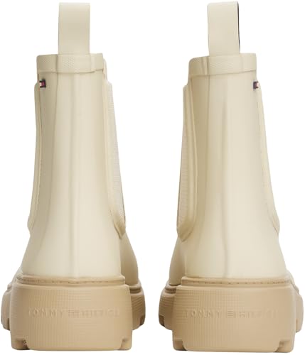 Tommy Hilfiger Botas de lluvia Mujer Rubber Rainboot con tacón de plataforma, Marfil (Newsprint), 37