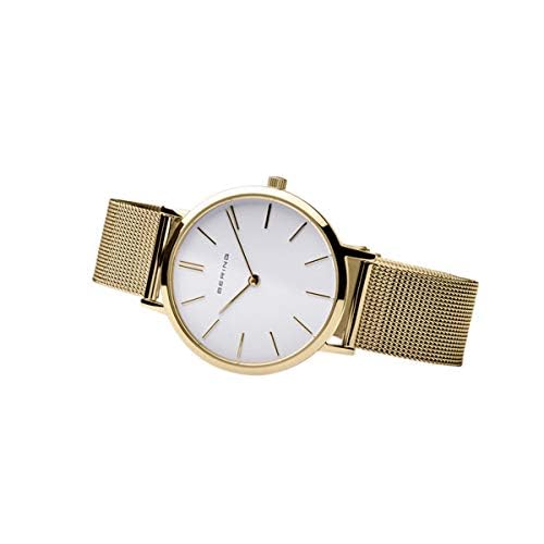 BERING 14134-331 Reloj de cuarzo para mujer con caja de acero inoxidable de 34 mm con acabado dorado y esfera blanca, correa milanesa, cristal de zafiro y resistencia al agua de 3 ATM