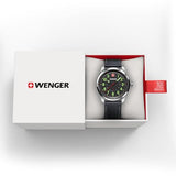 Wenger Reloj de Hombre Terragraph Analógico Quarz, Ø 43 mm, Swiss Made, Resistente al Agua hasta 100 m, Negro/Plata, Correa de Cuero, 01.0541.121