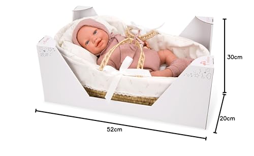 ARIAS - Muñeca Reborn Avana de 45 cm con Canastilla Mimbre, Bebé Realista con Ropita Rosa, Chupete y Chupetero, Extremidades de Vinyl y Cuerpo Blando, Juguete para Niños y Niñas +3 años (ARI98122)