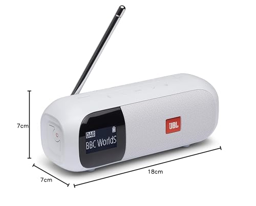 JBL Tuner 2 Sintonizador de radio JBL, altavoz portátil Bluetooth con MP3, DAB plus y radio FM, sonido potente y nitidez, color blanco