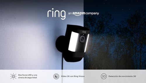 Ring cámara Pro con luces cableada (Spotlight Cam Pro Wired) | Cámara de seguridad exterior con vídeo 2K, Ring Vision, detección de movimiento 3D y luces LED | 30 días de prueba gratuita de Ring Home