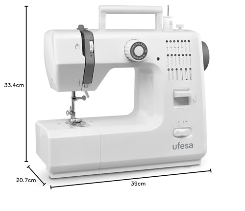 Ufesa SW2002 Deluxe Máquina de Coser con 20 Puntadas, 2 Velocidades, Luz de Costura, Pedal/Interruptor Manual, 12V de Potencia Plástico Blanco / Gris
