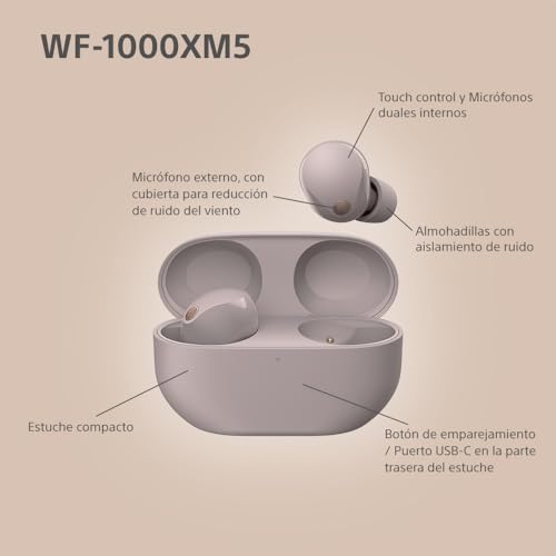 Sony WF-1000XM5 Auriculares In-Ear Inalámbricos, Noise Cancelling, Bluetooth, Micrófono, hasta 24 Horas de Batería, Carga Rápida, IPX4, Alexa y Google Assistant, iOS y Android, Rosa Palo