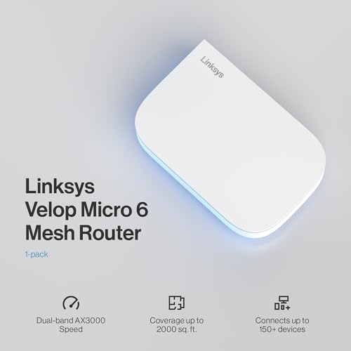 Linksys Velop Micro 6 Router WiFi 6 Mesh de Doble Banda, hasta 3 Gbps de Velocidad, 186 m² y +150 Dispositivos, Pack de 1