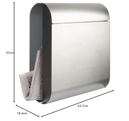BURG-WÄCHTER Buzón inox con portaperiódicos integrado, COSMO 3765 NI, Tope de apertura, Formato de inserción A4, Norma EU EN 13724, Incl. 2 Llaves, Acero inoxidable