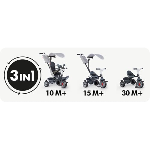 Smoby - Triciclo Baby Driver Confort Gris 3 en 1 Progresivo, Sostenible, Freno de Estacionamiento, Barra Parental Ajustable, Volante con Claxon, Desde 10 Meses hasta 3 Años (7600741503)