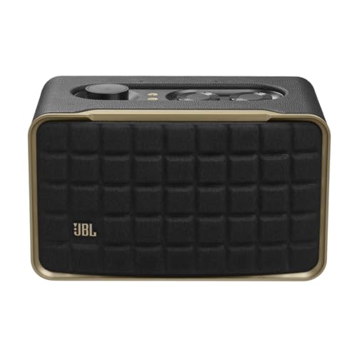 JBL Authentics 200, altavoz inteligente con tecnología Bluetooth, diseño retro, con cuadrícula gris, Wi-Fi integrado, Google Assistant, Amazon Alexa, AirPlay, JBL One App, negro