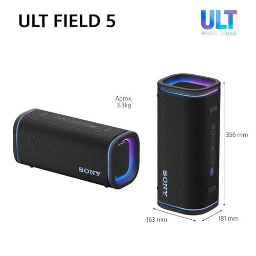 Sony ULT Field 5, Altavoz portátil Bluetooth Potente, 25 H de batería, 2 Modos ULT Power Sound, Resistente al Agua y al Polvo, 360 Luces, Correa Extraible para el Hombro, Compacto, Negro
