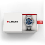 Wenger Reloj de Hombre Seaforce Analógico Quarz, Ø 43 mm, Swiss Made, Resistente al Agua hasta 200 m, Naranja/Azul, Correa de Acero Plata, 01.0641.141