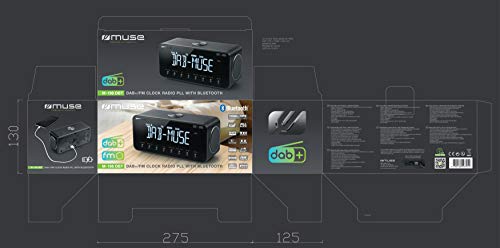 Muse Radio Reloj Dab+ FM PLL, Bluetooth, Alarma Dual, (M-196 DBT), Pantalla LCD, retroiluminación, Reloj, Alarma, zumbador, repetición, función de sueño, Antena, Entrada Auxiliar, Carga USB, batería