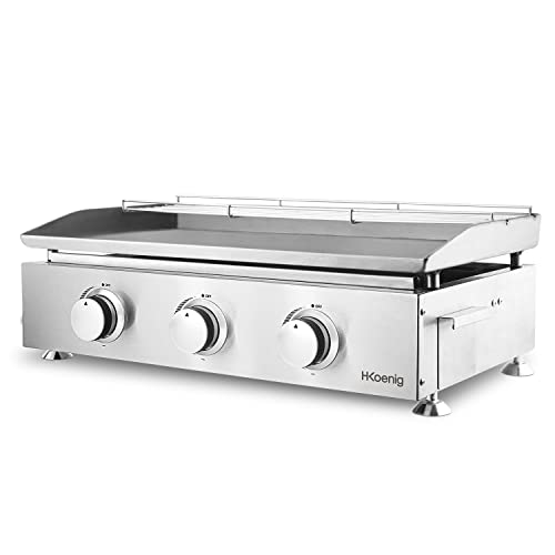 H.Koenig Plancha de asar a gas PLX930 3 quemadores U Acero inoxidable, Alimentación de gas propano o butano, Distribución uniforme del calor, Temperatura regulable hasta 350°C, Pies antideslizantes