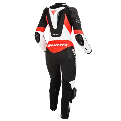 SHIMA MIURA RS Traje Moto Mujer - Traje de cuero de 1 pieza, deportivo, de competición, ventilado con deslizadores en hombros y rodillas, almohadillas CE en espalda, hombros y codos (40, Blanco/Fluo)