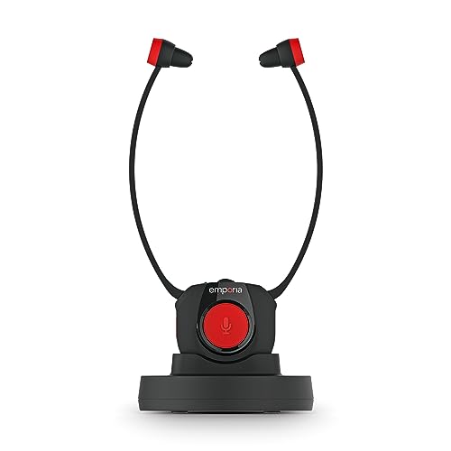 Emporia Auriculares inalámbricos para TV, con estación de Carga, Ideales para Personas Mayores, cómodos y Sencillos, fáciles de Usar, compatibles con Todos los Dispositivos de TV, Color Negro y Rojo