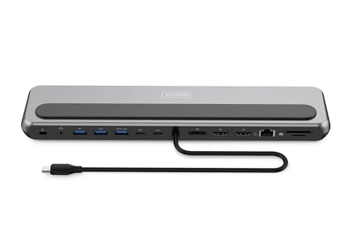 DIGITUS Docking Station – 12 Puertos – 2X HDMI, 1x Displayport 8k 30Hz – 2X USB-A 3.2 Gen2, 1x Tipo A 3.2 Gen1, 1x USB-C 3.2 Gen2 – 1x RJ45 – Lector de Tarjetas SD MicroSD – Conector de 3,5 mm – Gris