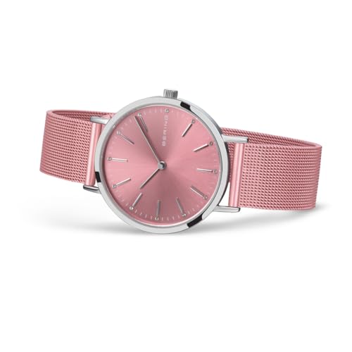 BERING 14134-999-GWP Reloj de Cuarzo para Mujer con Caja de Acero Inoxidable Plateado de 34 mm y Esfera Rosa, Correa milanesa, Cristal de Zafiro y Resistencia al Agua de 3 ATM