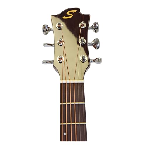 Sevinia Guitarra electroacústica, estilo occidental con parte superior de cedro macizo y parte trasera y laterales de palisandro, ecualizador de 3 bandas, afinador, diapasón de palisandro, bolsa