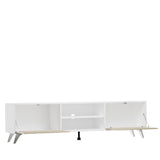 Homey Mueble de TV de Diseño Nórdico, 2 Compartimentos de Almacenamiento y 2 Puertas, Apto para Televisores de hasta 77 Pulgadas, Color Blanco-Roble