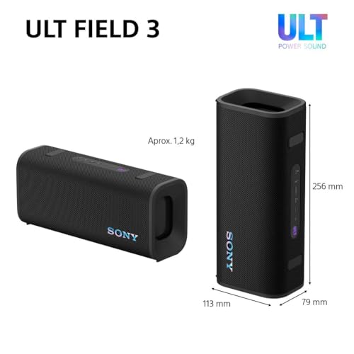 Sony ULT Field 3 - Altavoz Bluetooth portátil con ULT Power Sound, batería de 24 Horas, IP67, Resistente al Agua, al Polvo y a los Golpes, Correa Desmontable para el Hombro, Compacto - Negro
