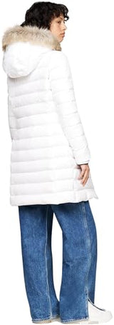 Tommy Jeans Abrigo de Plumas Mujer Essential Hooded Down Coat con Piel Sintética, Blanco (White), L