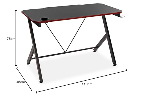 Versa Pablo Mesa Gaming para el Ordenador, Mesa para la Habitación o Estudio, Soporte Cascos y Bebida, Medidas (Al x L x An) 76 x 60 x 120 cm, Madera y Metal, Color Negro y Rojo