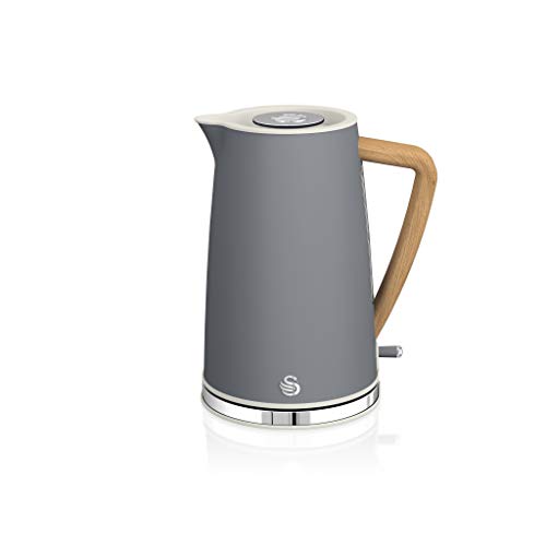 Swan Nordic Set Desayuno Hervidor de agua 1,7L 2200W, Tostadora Pan ranura ancha 2 rebanadas, Microondas 20L digital, diseño moderno, efecto madera, gris