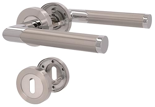 Juego de 6 herrajes para puerta de acero inoxidable cromado satinado, para 5 puertas de habitaciones con perforación de barba y 1 puerta de baño de inodoro, roseta de 52 mm de diámetro, manija de
