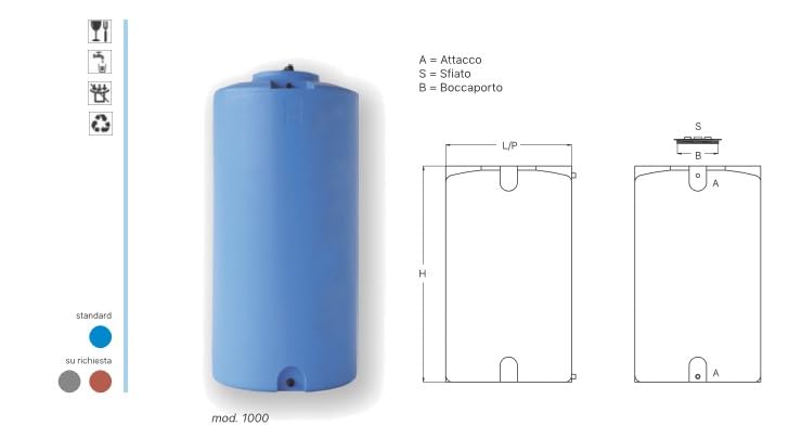 Depósito de Polietileno para Agua, cilíndrico Vertical, Mod. 120 litros, Fabricado en Italia