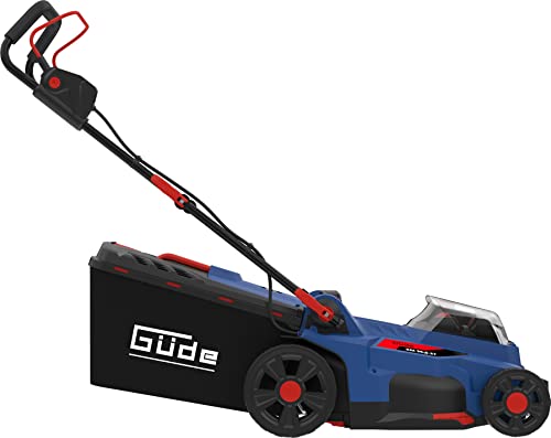 Güde Cortacésped con batería RM 36-402-30.37 (36 V (2 x 18 V) sin escobillas, corte de 370 mm, altura de corte de 6 niveles, saco de recolección de hierba de 35 l, cuña para mantillo, incluye 2