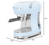 Smeg, ECF02PBEU - Máquina espresso con función de vapor capuchino, bloque térmico, caja grande de taza y doble función café, depósito de agua de 1 l, sistema de fácil uso, 1350 W, azul