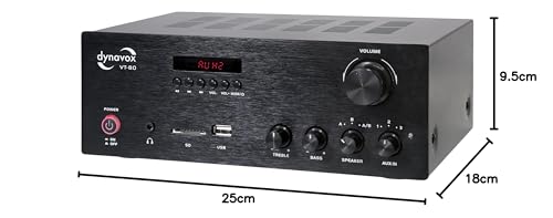 Dynavox VT-80 Amplificador estéreo Compacto, terminales de conexión atornillables para 4 Altavoces, Control Remoto Solo para entradas Digitales (USB, Tarjeta SD), Antena BT integrada, Negro
