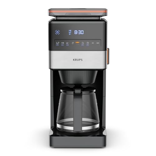 Krups Grind Aroma XL KM842810 Cafetera de filtro, mecanismo de cono extraíble, panel de control digital, capacidad XL (1,5 L), función de conservación del calor, jarra de cristal, color negro y acero