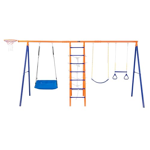VEVOR 6 en 1 Juego de Columpios para Patio Trasero con 2 Columpios, Barra Trapecio, Escalera de Escalada, Red de Escalada y Aro de Baloncesto Capacidad de Carga 200KG para Niños a Partir de 3 Años