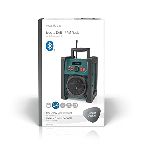 Nedis Dab + Radio | Mesa de ejecución | Dab+ / FM | 2.2" | Monitor Blanco | Funciona con Pilas/Fuente de alimentación de Red | Digital | 15 W | Bluetooth | Despertador | IP65 | Asa de Transporte |