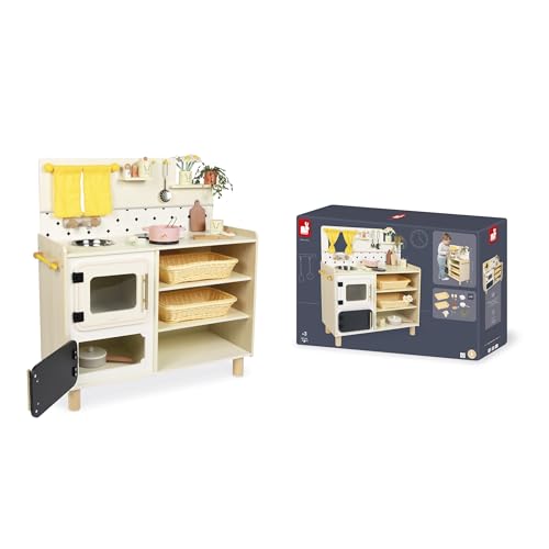 Janod - Gran Cocina Infantil de Madera - Equipada con 2 Hornos, Fregadero y 16 Accesorios Incluidos - Botones Sonoros Giratorios - Juguete de Imitación y Aprendizaje Temprano - A Partir de 2 años