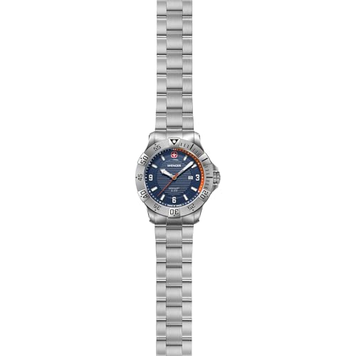 Wenger Reloj de Hombre Seaforce Analógico Quarz, Ø 43 mm, Swiss Made, Resistente al Agua hasta 200 m, Naranja/Azul, Correa de Acero Plata, 01.0641.141