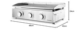 H.Koenig Plancha de asar a gas PLX930 3 quemadores U Acero inoxidable, Alimentación de gas propano o butano, Distribución uniforme del calor, Temperatura regulable hasta 350°C, Pies antideslizantes