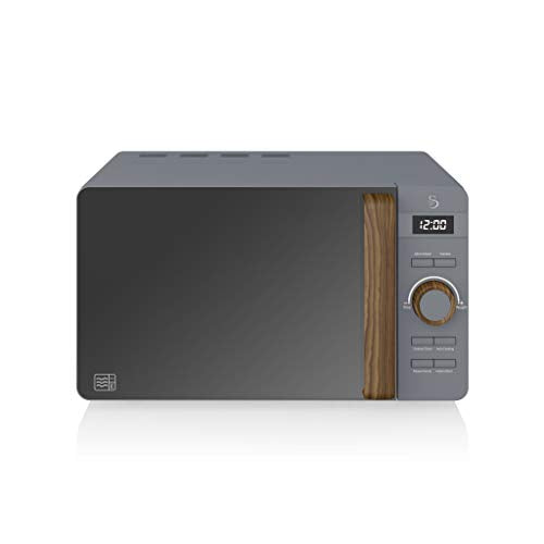 Swan Nordic Set Desayuno Hervidor de agua 1,7L 2200W, Tostadora Pan ranura ancha 2 rebanadas, Microondas 20L digital, diseño moderno, efecto madera, gris