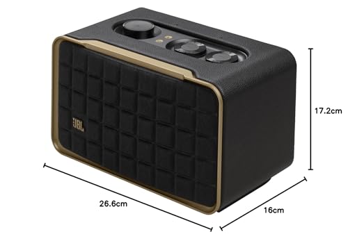 JBL Authentics 200, altavoz inteligente con tecnología Bluetooth, diseño retro, con cuadrícula gris, Wi-Fi integrado, Google Assistant, Amazon Alexa, AirPlay, JBL One App, negro