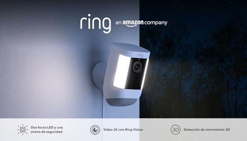 Ring cámara Pro con luces cableada (Spotlight Cam Pro Wired) | Cámara de seguridad exterior con vídeo 2K, Ring Vision, detección de movimiento 3D y luces LED | 30 días de prueba gratuita de Ring Home