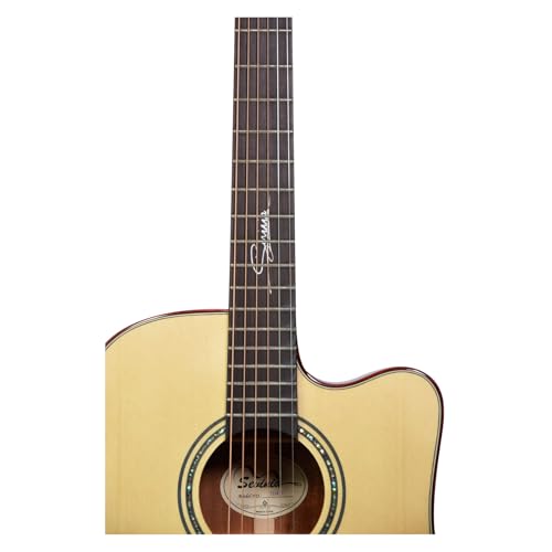Sevinia Guitarra electroacústica Signature Series | Cuerpo sólido, parte superior de abeto sólido con parte trasera y laterales de caoba, afinador, ecualizador de 3 bandas, se suministra con bolsa